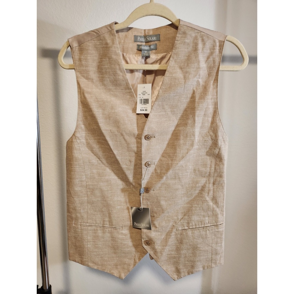 Paulo Solari Men's Vest Modern Fit Beige Business Casual Wedding Party M